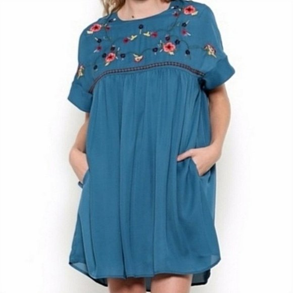 ESLEY Babydoll Dress Floral Embroidery Blue Black - Picture 2 of 9